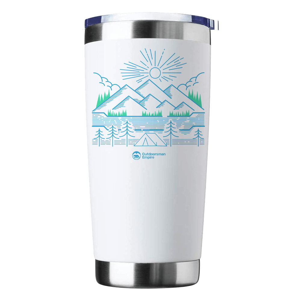 Camping Lines 2 20oz Insulated Vacuum Sealed Tumbler in stainless steel with UV-printed design, showcasing its double-walled insulation and splash-proof lid.